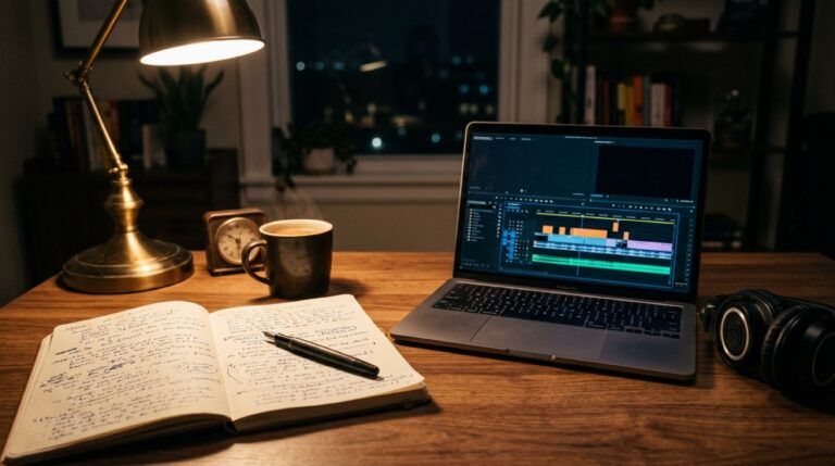 Bàn làm việc chia hai bên: sổ tay ghi kịch bản và màn hình dựng video