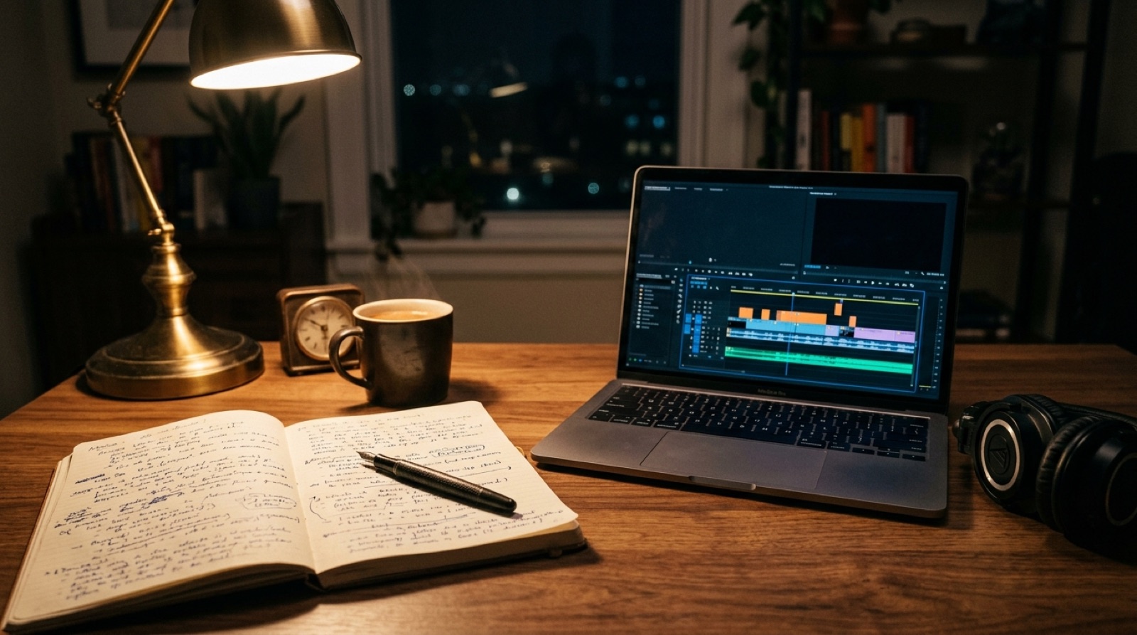Bàn làm việc chia hai bên: sổ tay ghi kịch bản và màn hình dựng video