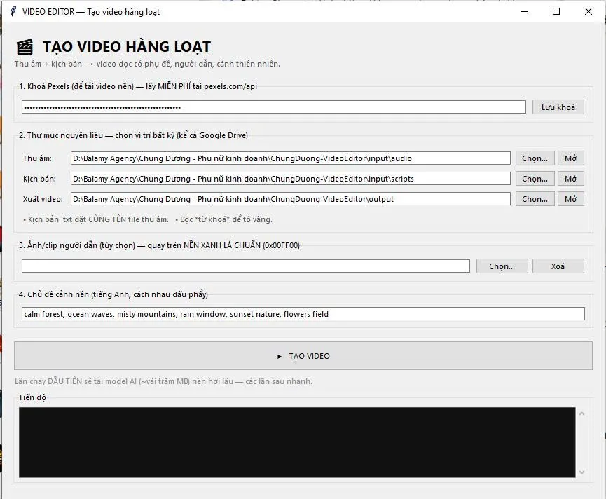 Giao diện phần mềm CAS Edit Video — màn hình Tạo video hàng loạt
