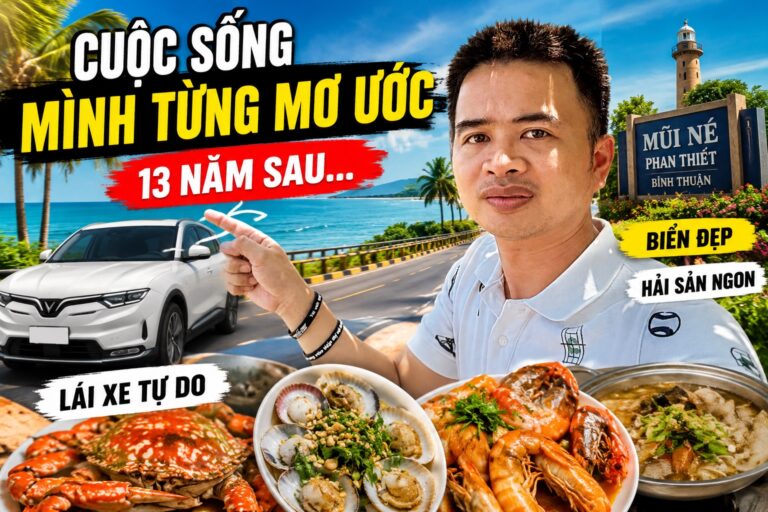 Lê Tấn Đào bên bảng hiệu Mũi Né Phan Thiết Bình Thuận, xe hơi và hải sản