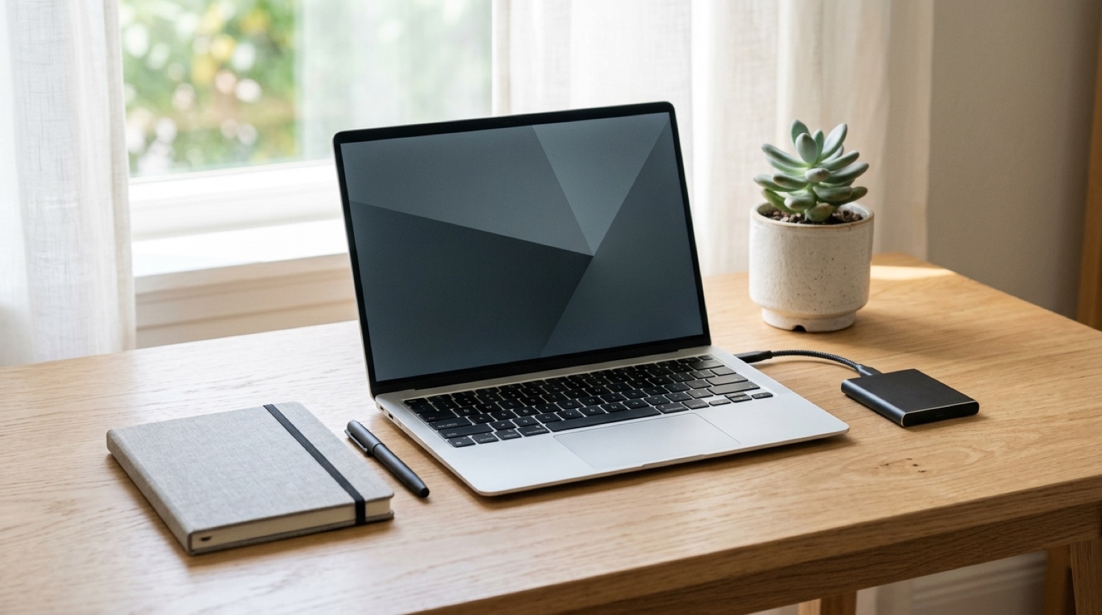 Laptop mỏng đặt trên bàn gỗ sáng cùng sổ tay, bút và ổ cứng di động