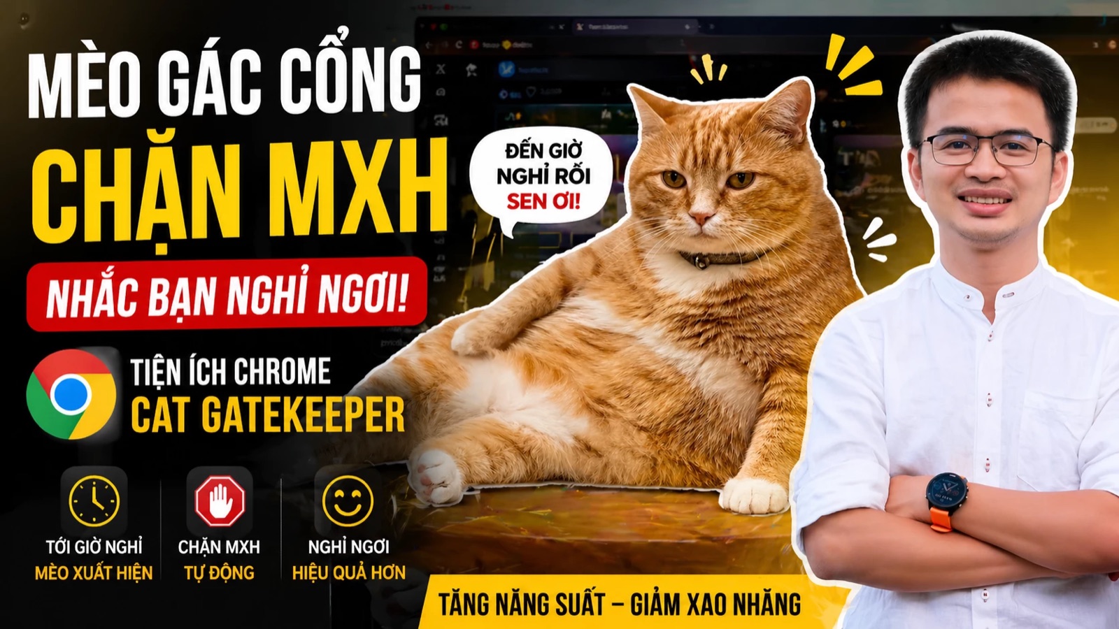 Tiện ích Chrome Mèo Gác Cổng nhắc tới giờ nghỉ và chặn mạng xã hội