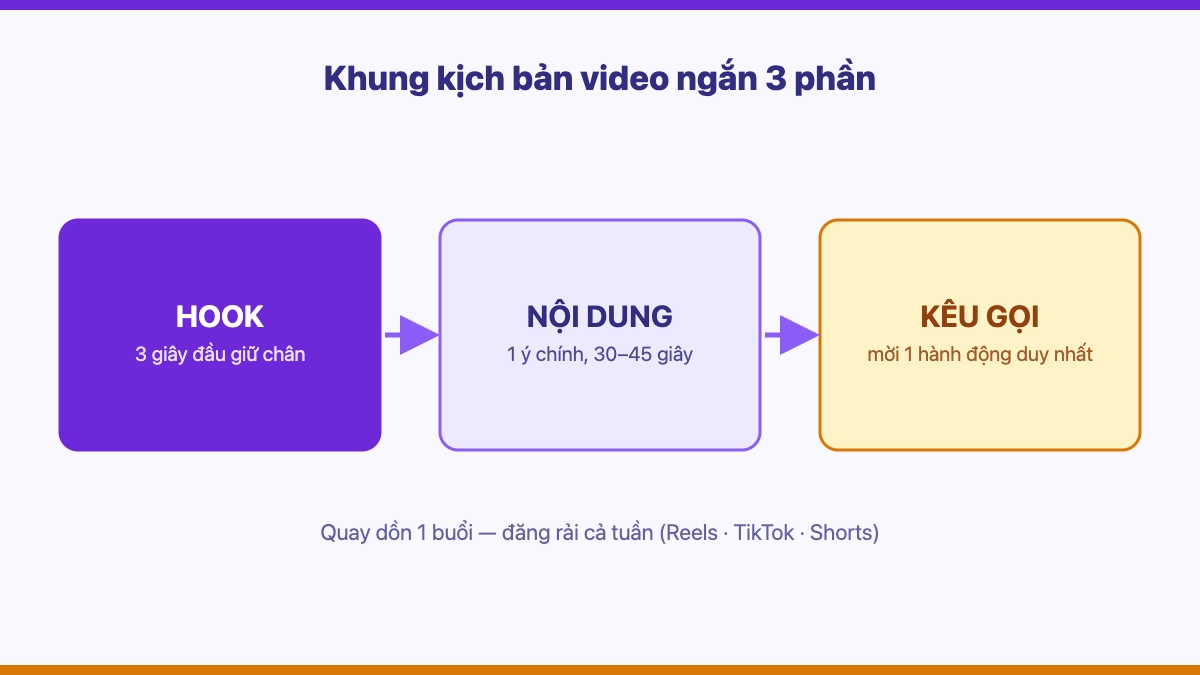 Khung kịch bản video ngắn 3 phần: hook, nội dung, kêu gọi hành động