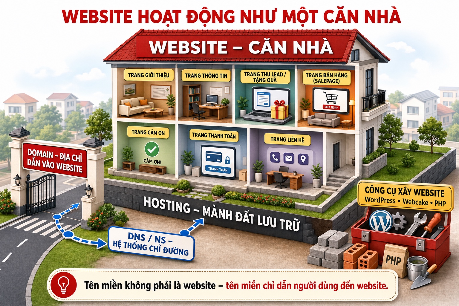 Sơ đồ website hoạt động như một căn nhà: mỗi phòng là một trang, nền móng là hosting, biển cổng là tên miền