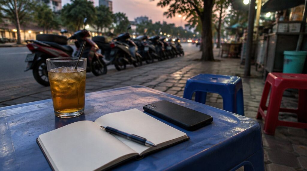 Bàn nhựa quán trà đá vỉa hè lúc chiều muộn với ly trà, điện thoại úp và cuốn sổ nhỏ còn trống