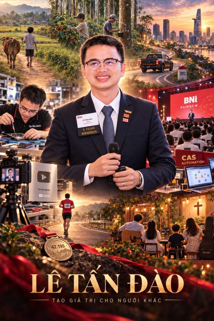 Chặng đường của Lê Tấn Đào: từ cậu bé chăn bò ở Quảng Nam, vườn cà phê Kon Tum, tiệm sửa điện thoại Tấn Đào Mobile, kênh YouTube nút bạc, marathon 42km, tới cộng đồng doanh nhân BNI Rainbow