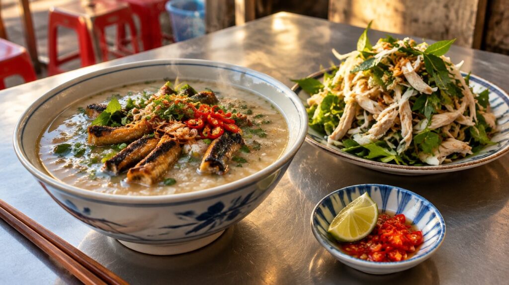 Bát cháo lươn nóng rắc rau thơm và ớt, bên cạnh đĩa gỏi gà trên bàn quán ăn buổi tối