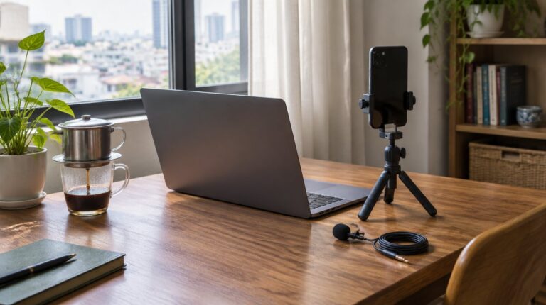 Góc làm việc với laptop quay lưng, điện thoại dựng dọc trên chân máy mini, micro cài áo và ly cà phê phin