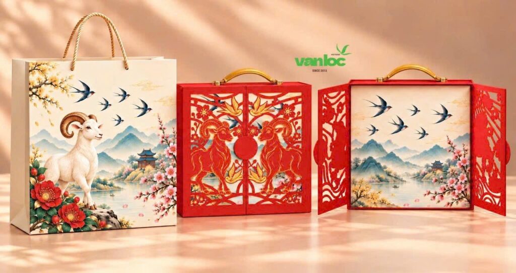 Mẫu túi và hộp quà Tết Vạn Lộc màu đỏ, hình con dê, hộp mở hai cánh
