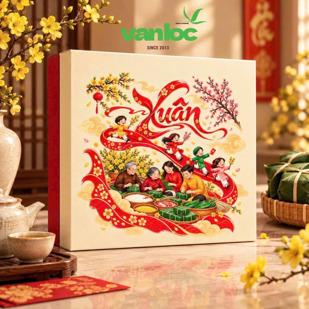 Mẫu hộp quà Tết Vạn Lộc chữ Xuân, vẽ cảnh gia đình gói bánh chưng