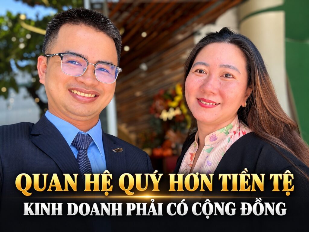 Lê Tấn Đào và chị Diệp Xuân Phương, chủ xưởng hộp quà Vạn Lộc, ở buổi họp BNI BEST ngày 30/09/2026. Quan hệ quý hơn tiền tệ, kinh doanh phải có cộng đồng