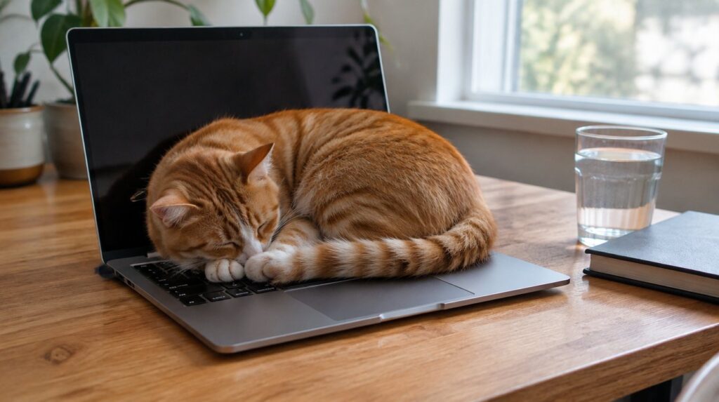 Mèo cam cuộn tròn ngủ trên bàn phím laptop, cạnh ly nước và cuốn sổ gập, nắng sớm bên cửa sổ