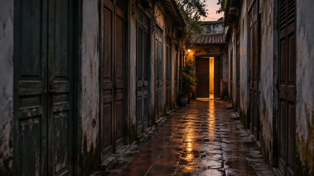 Con hẻm nhiều cánh cửa đóng, cuối hẻm có một cánh cửa mở hắt ánh đèn