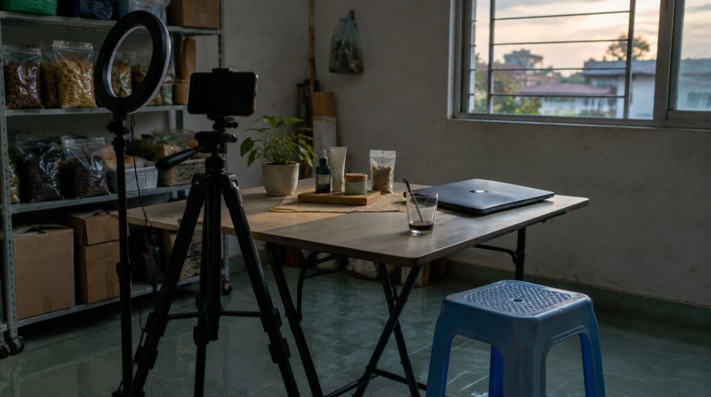 Phòng sau cửa hàng cuối ngày: điện thoại trên chân máy, đèn vòng đã tắt, laptop gập và vài mẫu sản phẩm