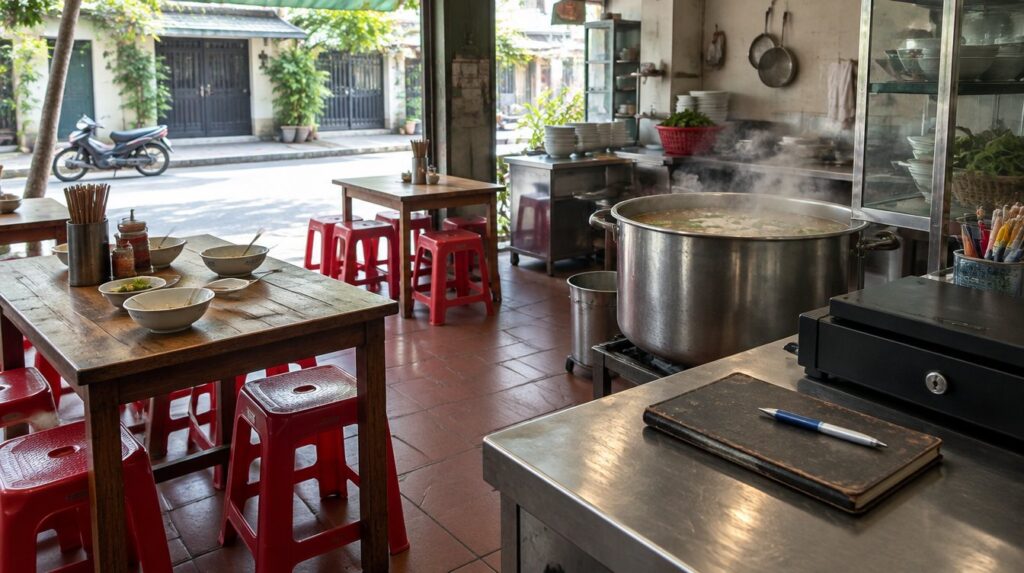 Quán ăn gia đình sau giờ trưa: bàn còn bát đũa, ghế nhựa đỏ, nồi nước dùng bốc khói, cuốn sổ và bút trên quầy