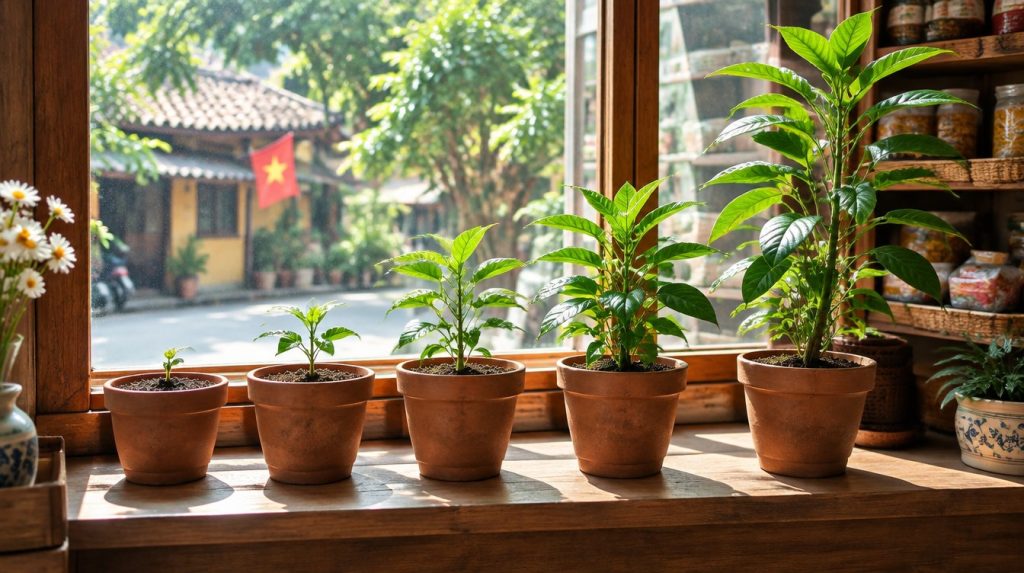Năm chậu đất nung trên bậu cửa sổ, cùng một loại cây ở năm giai đoạn, từ mầm non tới cây cao khoẻ