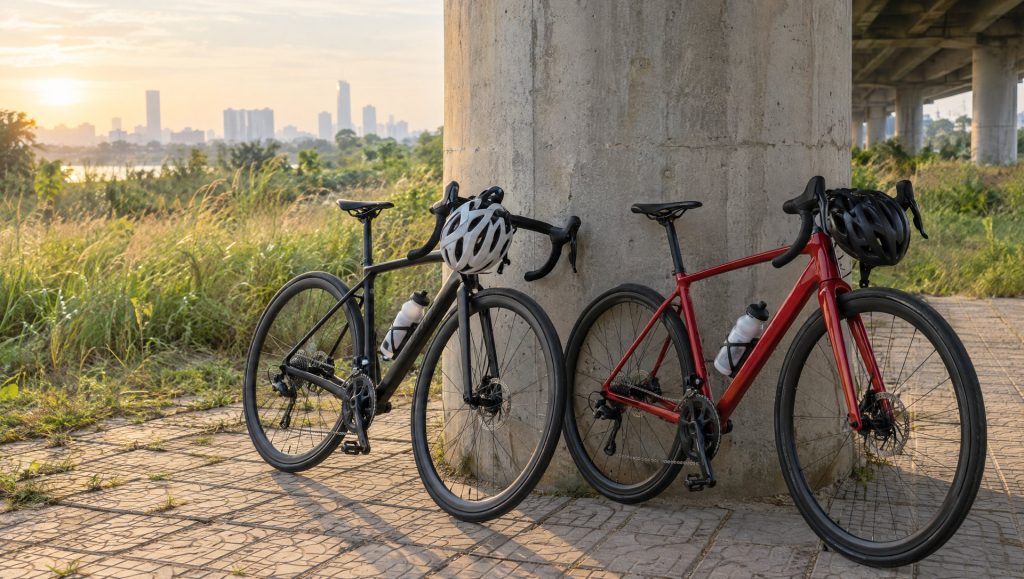 Hai chiếc roadbike đen và đỏ dựa cạnh nhau vào cột bê tông dưới cầu cạn, mũ bảo hiểm treo trên ghi đông, nắng sớm