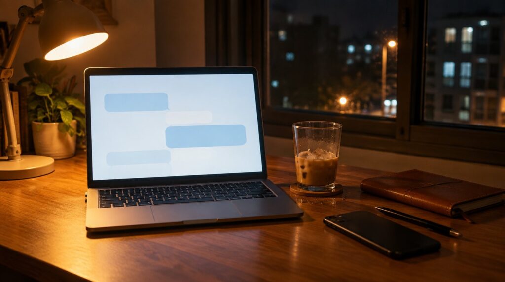 Góc bàn làm việc buổi tối: laptop sáng màn hình, ly cà phê sữa đá đã vơi, sổ tay và điện thoại, không có người
