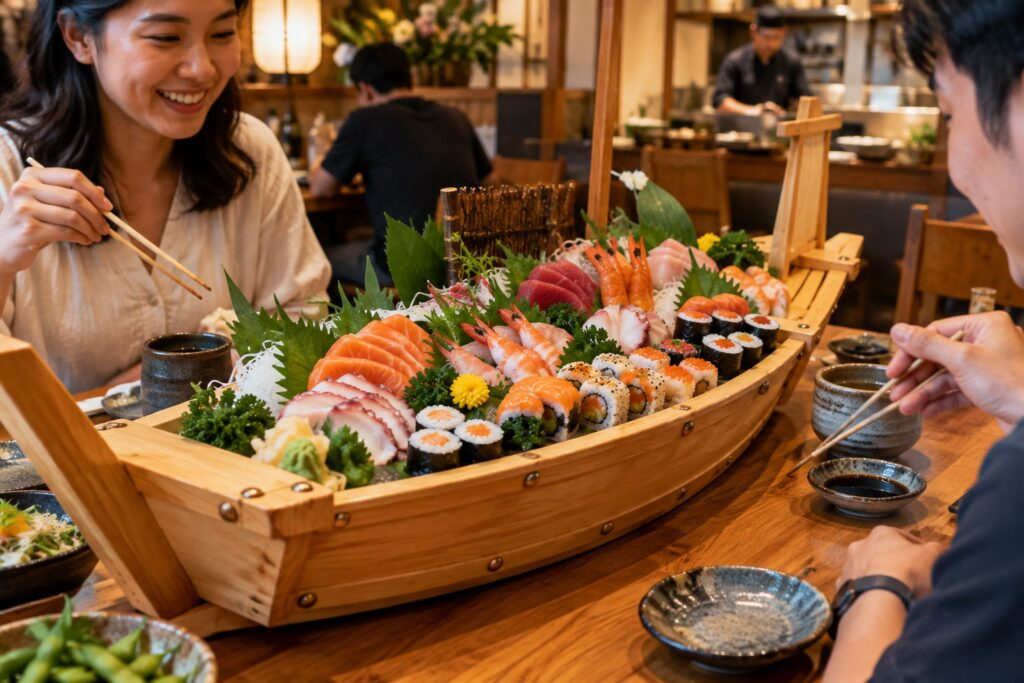 Bàn sushi và sashimi trong không gian nhà hàng Nhật ấm cúng, minh họa trải nghiệm tại Sumo Sushi Hoàng Văn Thụ
