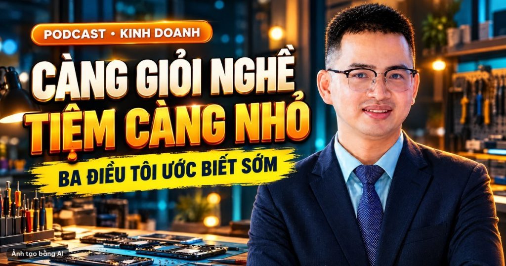Ảnh bìa tạo bằng AI: Lê Tấn Đào bên dòng chữ Càng giỏi nghề tiệm càng nhỏ