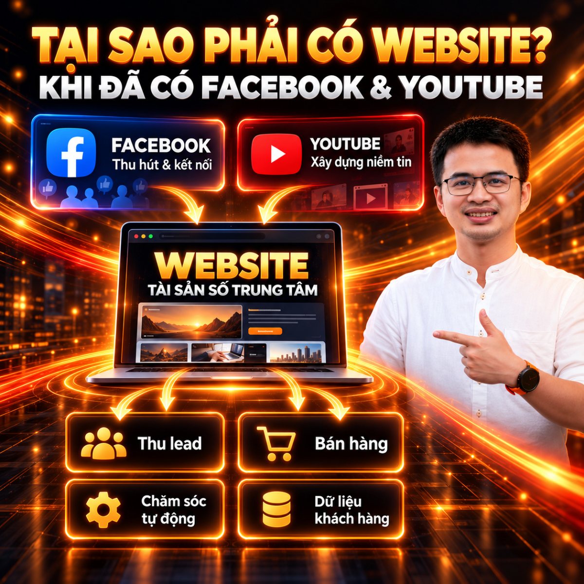 Lê Tấn Đào giải thích website là tài sản số trung tâm, nhận người xem từ Facebook và YouTube để thu khách, bán hàng, chăm sóc tự động và giữ dữ liệu khách hàng