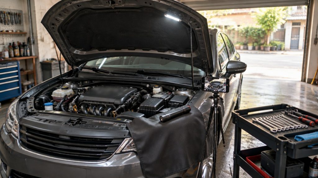 Một garage sửa xe nhỏ, chiếc ô tô mở nắp ca-pô, khoang máy được đèn chiếu sáng, bên cạnh là chiếc điện thoại dựng trên chân máy đang quay