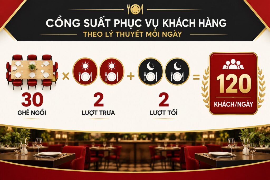 Infographic minh họa 30 chỗ ngồi nhân 4 lượt phục vụ bằng công suất lý thuyết 120 khách mỗi ngày
