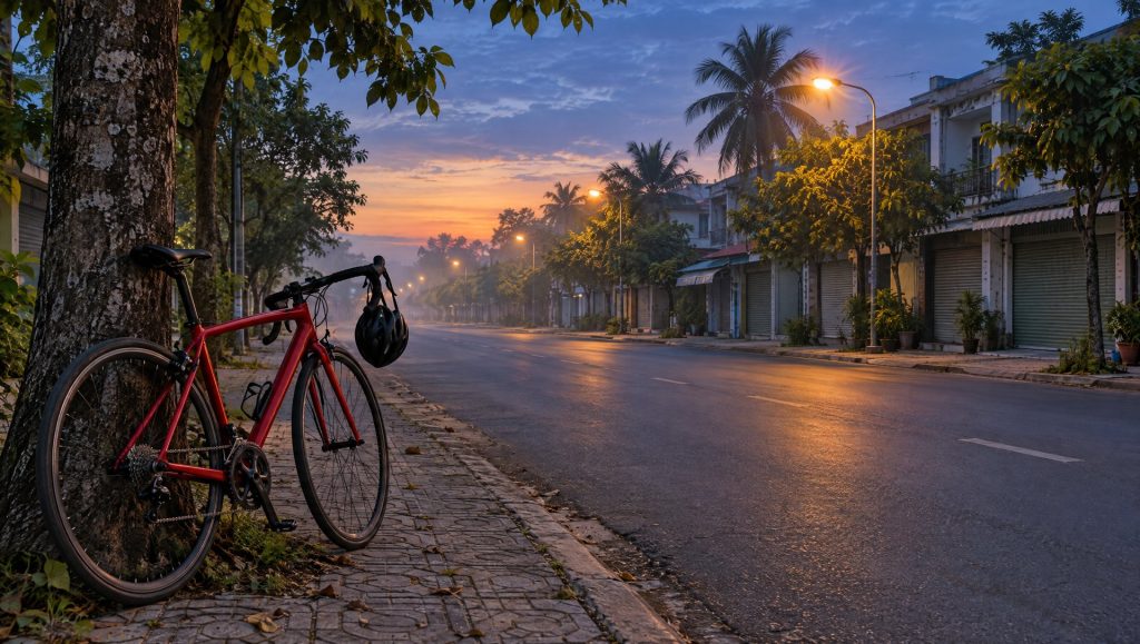 Con đường vắng ở Sài Gòn lúc trời chưa sáng hẳn, đèn đường còn bật, chiếc roadbike đỏ dựng bên gốc cây