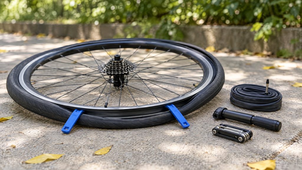 Bánh xe roadbike tháo rời trên vỉa hè, lốp bung khỏi vành, cạnh hai cần nạy lốp, ruột xe dự phòng, bơm tay và bộ dụng cụ