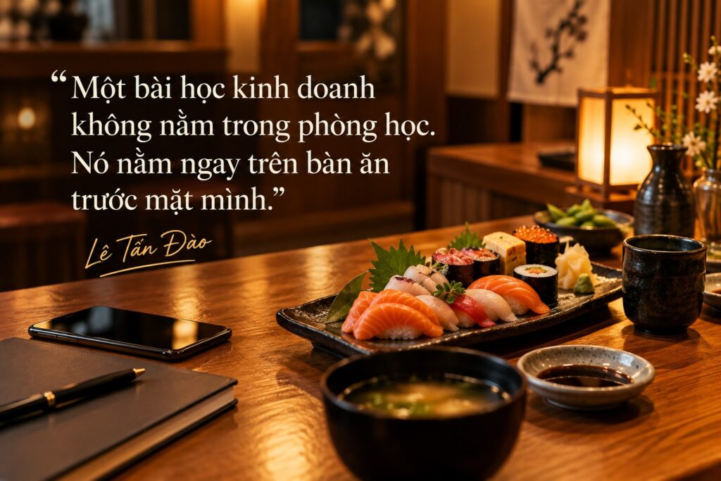 Quote graphic: Một bài học kinh doanh không nằm trong phòng học, nó nằm ngay trên bàn ăn trước mặt mình