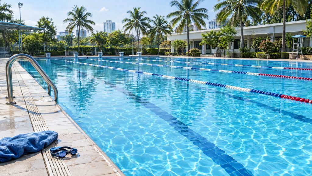 Hồ bơi ngoài trời vắng người buổi sáng, nước trong xanh, khăn tắm và kính bơi đặt trên thành hồ