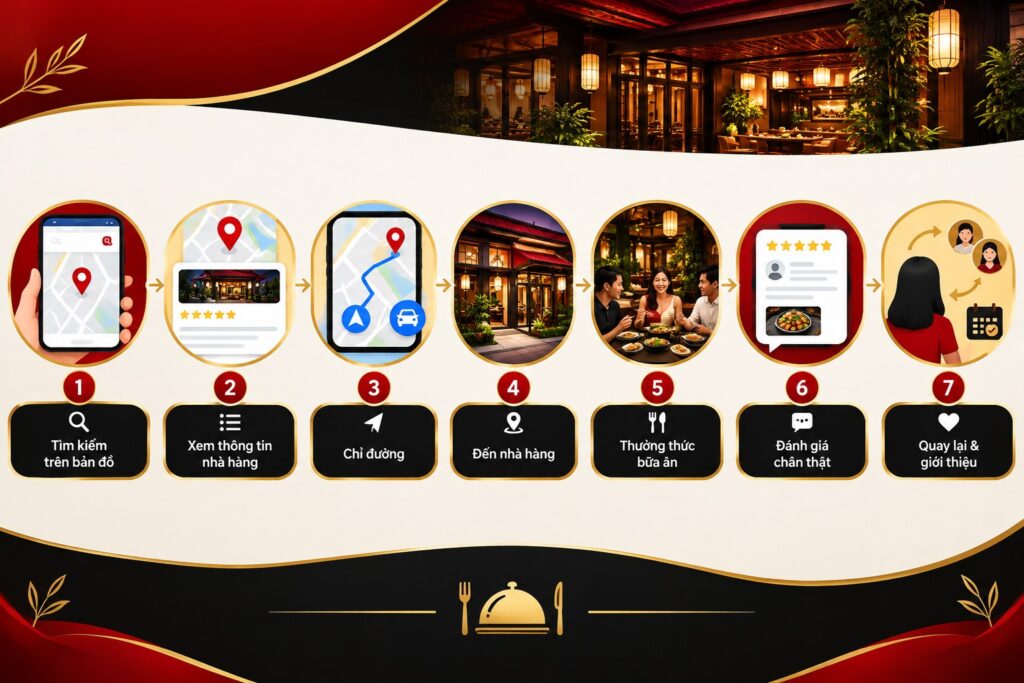 Sơ đồ hành trình khách hàng từ tìm kiếm Google Maps đến quán, đánh giá và quay lại