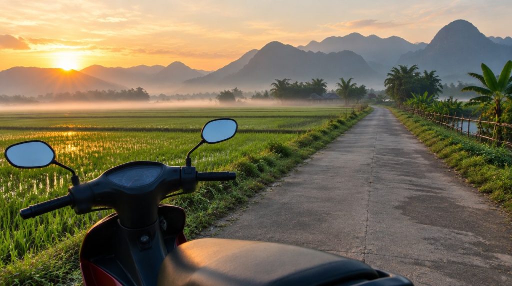 Con đường làng dẫn về phía dãy núi lúc bình minh, nhìn từ yên một chiếc xe máy đang đậu, sương phủ trên ruộng lúa