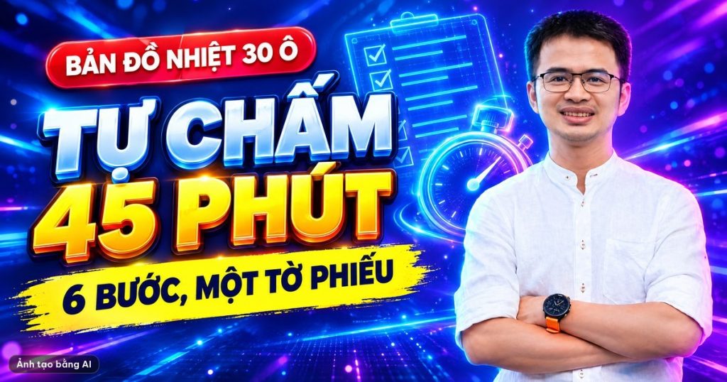 Ảnh bìa tạo bằng AI: Lê Tấn Đào bên dòng chữ Tự chấm 45 phút