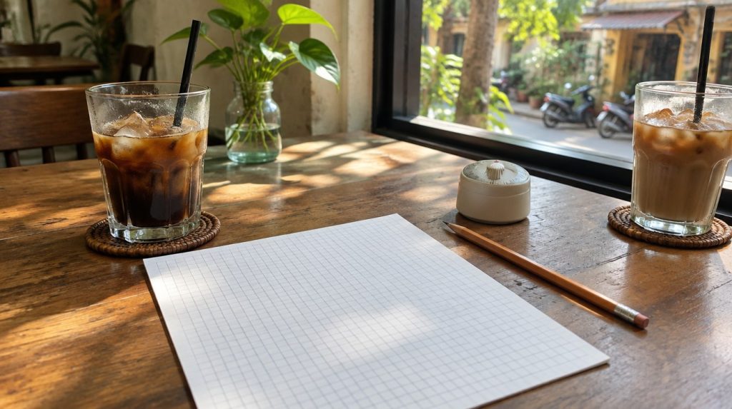 Bàn cà phê có tờ giấy kẻ ô còn trống, cây bút chì, đồng hồ hẹn giờ nhỏ và hai ly cà phê đá