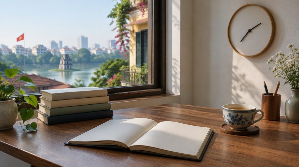 Bàn làm việc sáng sớm với cuốn sổ mở trang trắng, chồng sách, tách trà và chiếc đồng hồ treo tường không có số