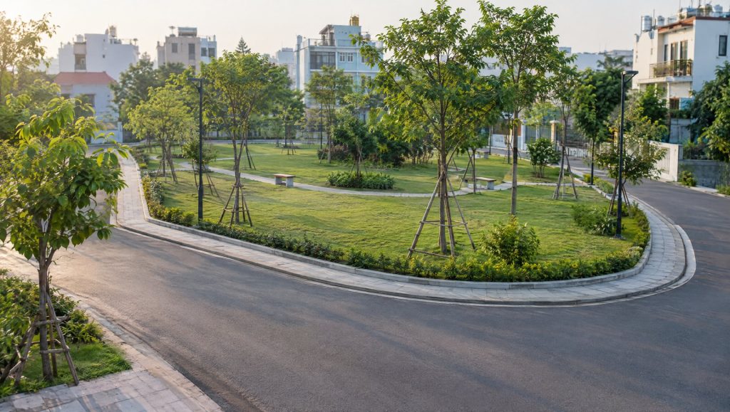 Vòng đường nhựa nhỏ uốn quanh bãi cỏ của một công viên mới trong khu dân cư lúc sáng sớm, có khúc cua gắt ở tiền cảnh