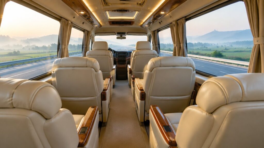 Bên trong một chiếc xe limousine chở khách còn trống ghế, ngoài cửa kính là đường cao tốc buổi sáng sớm, không có người